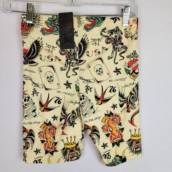 Ed Hardy Womens Graphic Biker Shorts Size XS Yellow Mid Rise Athleisure Tattoo - Picture 7 of 7